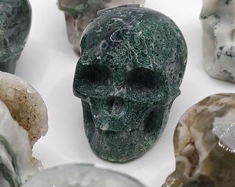 Hand Carved Moss Agate Crystal Skull: Grounding Stone, Witchy Altar Decor