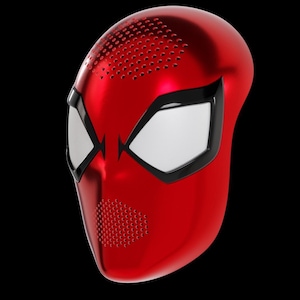 May include: A red, glossy mask resembling a superhero's face, featuring white eye shapes outlined in black. The mask has perforated sections for the mouth and top of the head, set against a black background.