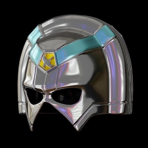 May include: A polished chrome helmet with teal and yellow detailing. The helmet features a visor and a unique design, possibly for cosplay or costume. The background is black.