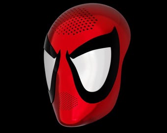 May include: A red and black plastic mask with a spider-web design. The mask has a white eye area and a textured surface.