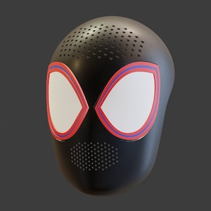 Op de afbeelding: Zwart en rood Spider-Man masker met witte ogen. Het masker heeft een textuur met kleine gaatjes.