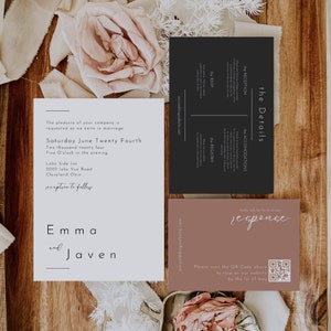 Printable Wedding Invitation with Qr Code, Minimalist Wedding Invite Suite, Minimal Invite, Simple Editable Canva Invite Template - LDC074