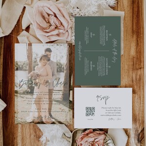 Wedding Invitation Template Set With Photo, Minimalist Photo Wedding Invitation Bundle, Wedding Invitation Canva With QR Code - LDC076