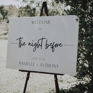 Cartel de bienvenida de la cena de ensayo minimalista, cartel de la noche anterior, cartel de bienvenida del ensayo de boda moderno, plantilla editable de Canva - LDC092