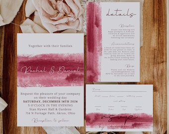 Burgundy Wedding Invitation With RSVP, Burgundy Wedding Invite Set, Elegant Wedding Bundle Canva, Red, maroon, Brush Strokes - LDC082