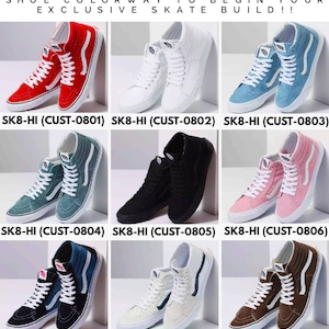 May include: Nine pairs of high-top skate shoes in various colors, including red, white, blue, green, black, pink, brown, and navy blue. Each pair has the text "SK8-HI" and a unique code, such as "CUST-0801".