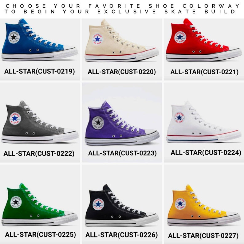 May include: Nine different colorways of high-top Converse All-Star sneakers. The colors include blue, cream, red, gray, purple, white, green, black, and yellow.