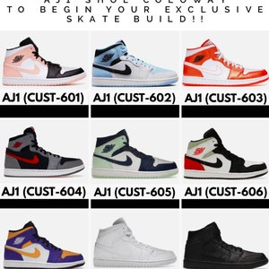 May include: Nine different colorways of the Air Jordan 1 high-top sneaker. The sneakers are arranged in a grid of three rows and three columns. Each sneaker has a different color combination, including black, white, red, blue, green, orange, purple, and yellow.