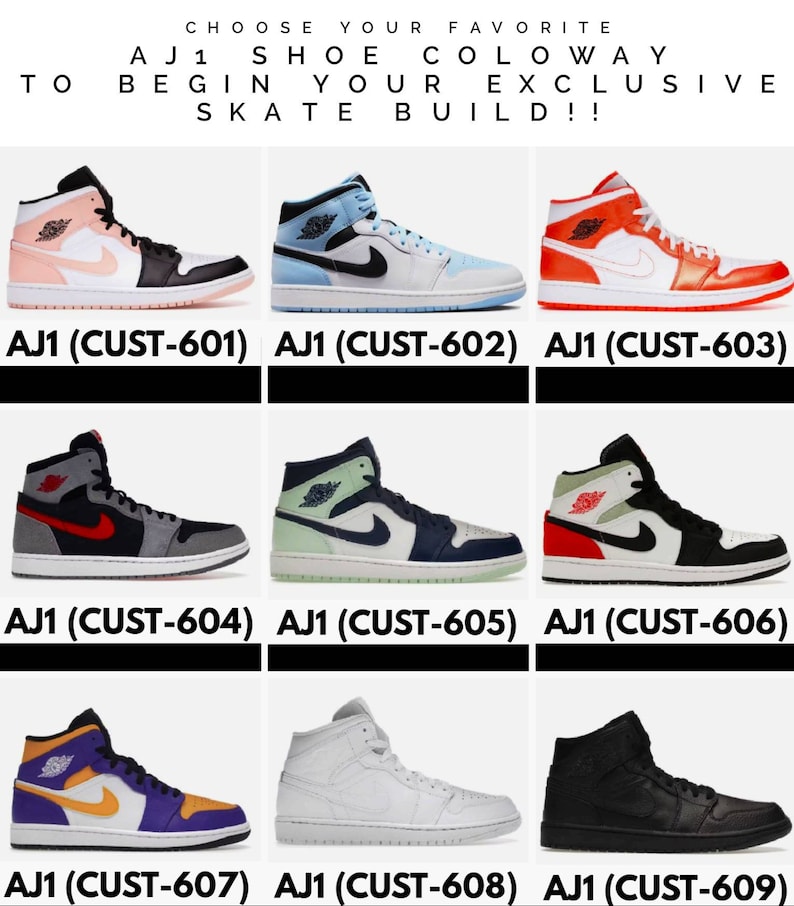 May include: Nine different colorways of the Air Jordan 1 high-top sneaker. The sneakers are arranged in a grid of three rows and three columns. Each sneaker has a different color combination, including black, white, red, blue, green, orange, purple, and yellow.