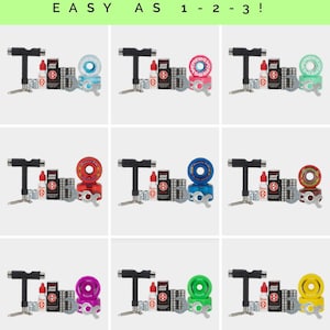 May include: A set of skateboard wheels with different color options. The set includes a tool, bearings, and a bottle of lubricant. Select your favorite colors and we'll deliver your style with ease. Our skate wheel plug is nutz! We'll make it as easy as 1-2-3!