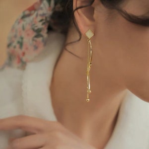 14k Gold Spiral Earrings, Tassel Drop Earrings, Geometric Drop Chain, Long Double Dangle Drop Chains, Minimal Gold Dangle, Hypoallergenic