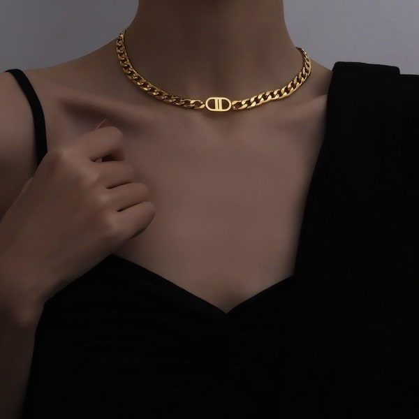 Gold Chunky Chain Chocker, Silver Necklace, Layering Chain Necklace, Chunky Chain Necklace, Oversized Statement Necklace, Cuban Chain