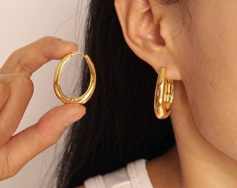 Chunky Gold Oval Hoop Earrings, 18k Gold  Large Hoop Earrings, Oval Hoops, Small Gold Statement Hoop Earrings, Minimalist Bold Chic Hoops