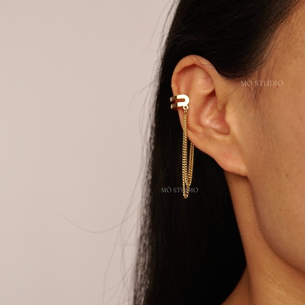 Dangle Ear Cuff Chain Earrings,  Long Chain Ear Cuffs, Silver Ear Cuffs, Gothic Gold Ear Cuff, Conch Piercing, Ear Crawler - 1pc