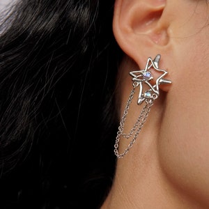 Silver Opal Stars Dangle Long Chain Tassel Earrings, Silver Abstract Stars Earrings , grunge y2k goth alt cute trendy egirl