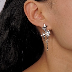 Silver Opal Stars Earrings, Abstract Stars Earrings, Silver Lava Dripping Earrings, , grunge y2k goth alt cute trendy egirl