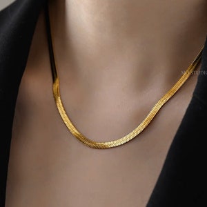 18K Gold Herringbone Necklace, Thick Snake Chain Necklace, Layering Necklace, Thin Herringbone Chain Necklace, Waterproof Necklace