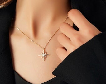 Dainty Star Necklace, Gold North Star Necklace, Celestial Jewelry, Gemstone Necklace, Starburst Necklace, Star and moon Necklace