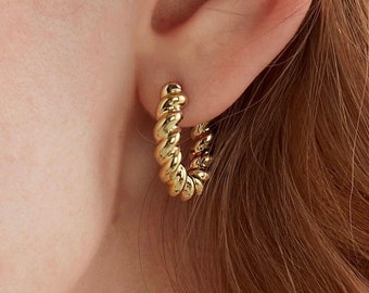 14k Gold Cabled Hoop Earrings, Gold Hoop Earrings, Dainty Hoop Earrings, Silver Twist Hoop Earrings, Small Braided Earrings