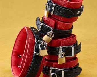 Luxury Leather Bondage Set, Locking Restraints Kit, Cuffs, Collar and Leash