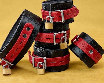 Cowhide Leather Bondage Set, Ankle Wrist Cuffs, Collar With Leash
