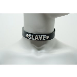 SLAVE choker genuine leather - Choker collar black leather choker with letters SLAVE,button choker,Punk choker