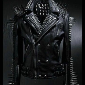 Men&#39;s Spiked Punk Jacket, Personalized, Customized, Handmade Black Cowhide, Leather Jacket, Silver Studded Gothic Jacket