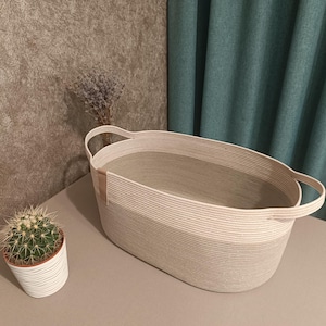 Large cotton rope basket for storage, Rope hamper with handles, Oval interior basket in boho style, Handmade basket for storage organization
