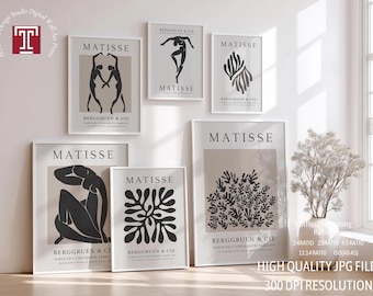 Matisse-Kunstdrucke in Schwarz-Weiß, 6er-Set, monochromes Ausstellungsplakat, abstrakte weibliche Figur, Galerie-Wandkunst, digitaler Download, minimalistische Kunst