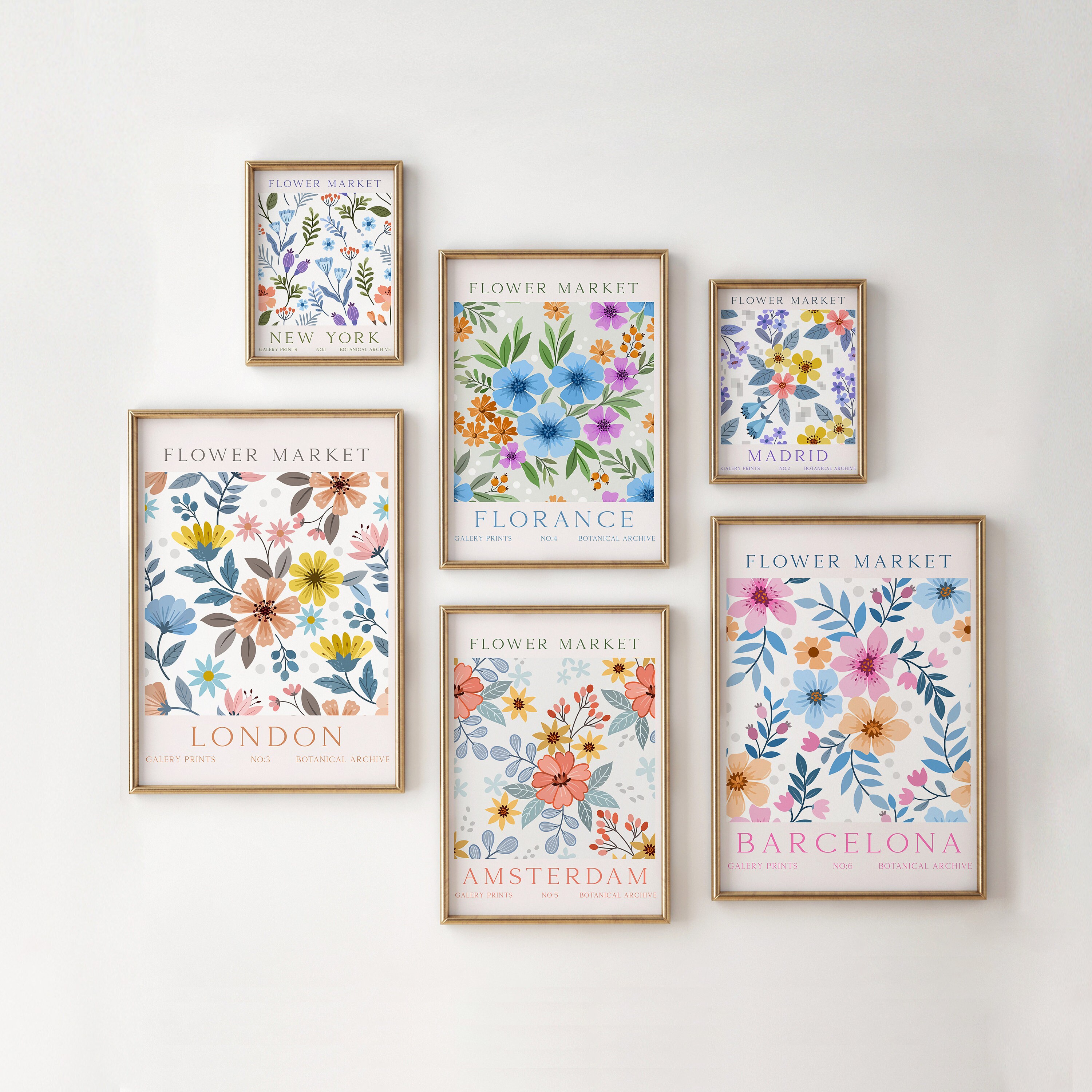 Flower Market Print, Set of 6,botanical Wall Art, Floral Decor Posters ...