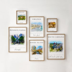 Estados de EE. UU., estilo acuarela, pósteres imprimibles de estados a todo color, juego de 6, galería turística, pared de galería de destinos de viaje, estados ABD
