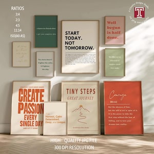 May include: A collection of ten rectangular wall art prints featuring motivational quotes and typography in various colours including orange, green, beige, and pink. The prints display text such as Start Today, Not Tomorrow, Create Passion, and Courage.