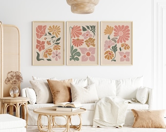 Conjunto de Arte de Parede Floral Abstrata | Conjunto de 3 Impressões Florais Boho | Decoração de Quarto | Arte para Sala de Estar | Presente de Inauguração | Pôsteres Botânicos Modernos