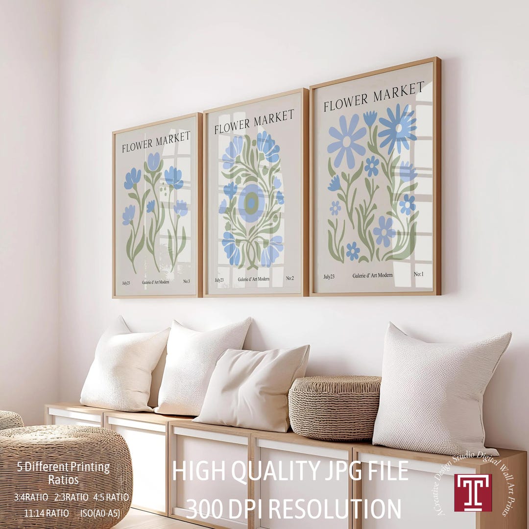 Flower Market Poster Set of 3, Blue Botanical Wall Art,sky Blue & Sage ...