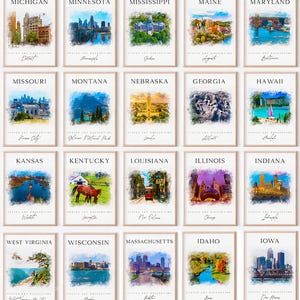 Estados de EE. UU., estilo acuarela, carteles de estados coloridos para imprimir, juego de 20, juego de galería turística, pared de galería de destinos de viaje, estados de ABD