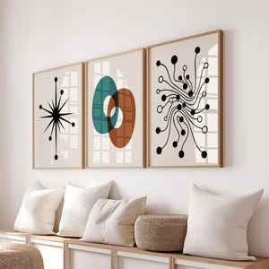 Mid Century moderne Wandkunst 3er-Set, Retro abstrakte Drucke in Petrol und Orange, minimalistisches geometrisches Poster, neutrales Boho Dekor