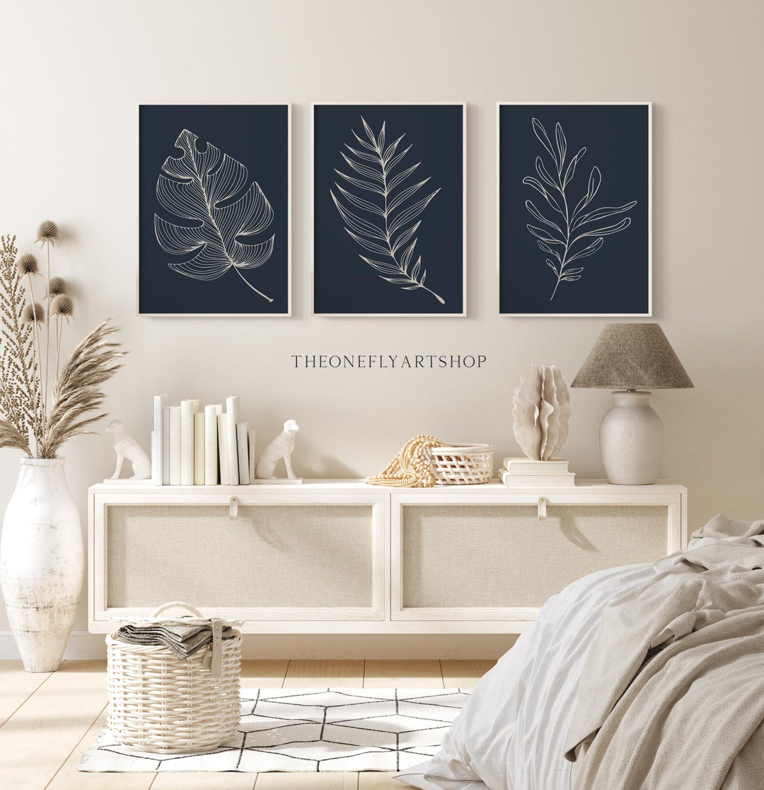 Navy Blue Botanical Printable Art Set of 3, Indigo Large Abstract ...