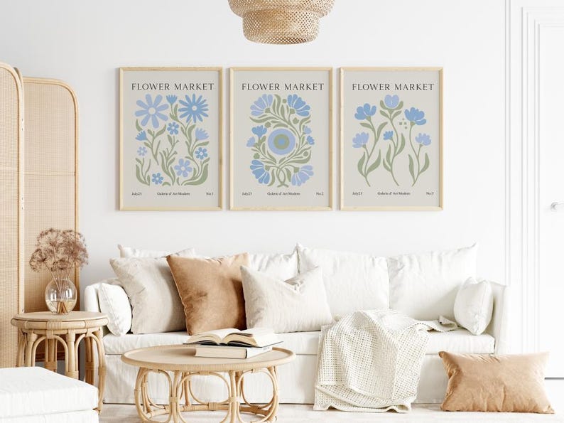 Flower Market Poster Set of 3, Blue Botanical Wall Art,sky Blue & Sage ...