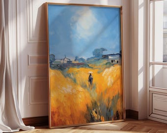 Estilo Van Gogh, pintura de campo de trigo, arte mural de paisaje dorado, escena rural impresionista, impresión digital descargable