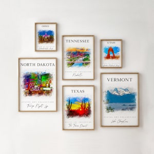 Estados de EE. UU., estilo acuarela, pósteres imprimibles de estados a todo color, juego de 6, galería turística, pared de galería de destinos de viaje, estados ABD