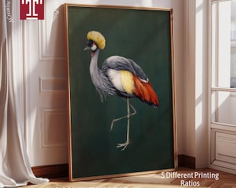 鶴のプリント、ヴィンテージの鳥のプリント、日本の鶴の絵、アンティークの日本の壁アート、マキシマリストアート、ジャパニーズ風の壁飾り、グリーンデコレーション