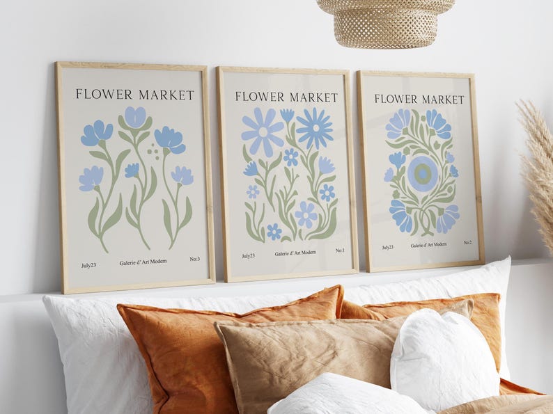 Flower Market Poster Set of 3, Blue Botanical Wall Art,sky Blue & Sage ...