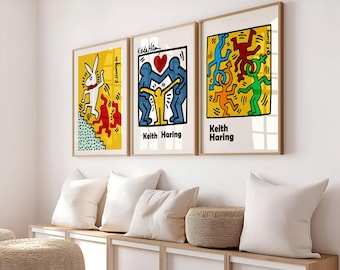 Keith Haring Wall Art Set of 3, Colorful Pop Art Prints, Modern Abstract Posters, Energetic Printable Art, Digital Download For Home