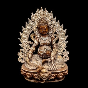 5 inch, Buddhist Miniature Statue Of Jambhala, Silver And Chocolate Oxidized