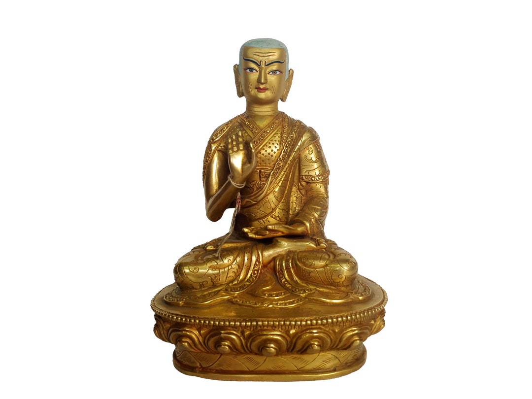 7 Inch, Statue of Tsongkhapa Disciple, Full Gold Plated, Painted Face ...