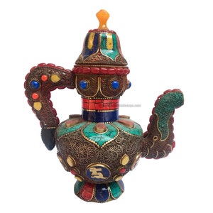 Tibetan Bhumpa- Bhumba Tea Pot, Multi Color, with Stone Setting