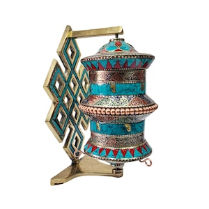 8 inch, Table Prayer Wheel Big Size With Mantra Inside, Oxidized With Embossed Mantra With Endless Knote, Wall Mountable, Wall Mountable