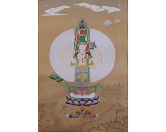 105 x 152 cm、チベット仏教タンカ絵画、千の腕を持つサハスラブジャ