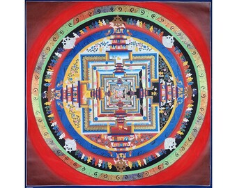 39 inch, Buddhist Hand Painted Tibetan Thangka Of Kalachakra Mandala Thangka Painting, Red Colour