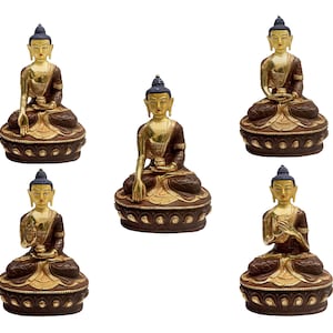 Buddhist Statue Set of Shakyamuni , Vairocana Buddha, Amitabha , Ratnasambhava Buddha, Amoghasiddhi Buddha, Partly Gold Plated, Face Painted